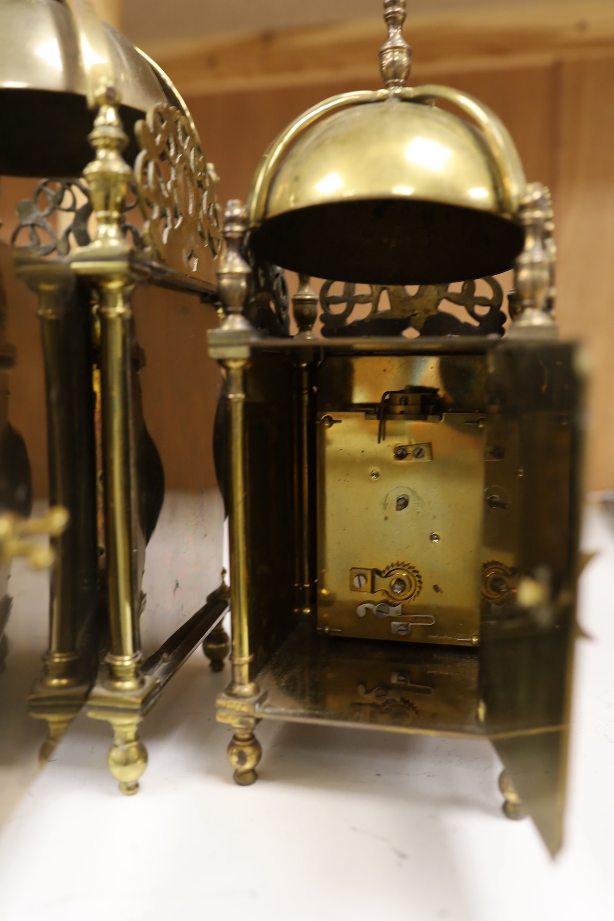 Two brass lantern clocks with 20th century escapement units, tallest 30cm high. Condition - fair